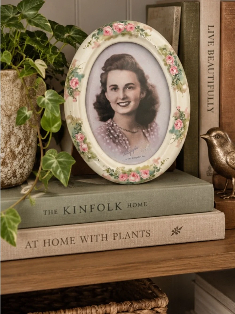 Vintage Terragrafics Ceramic Floral Oval Decorative Photo Frame Pink Roses 5 X 7